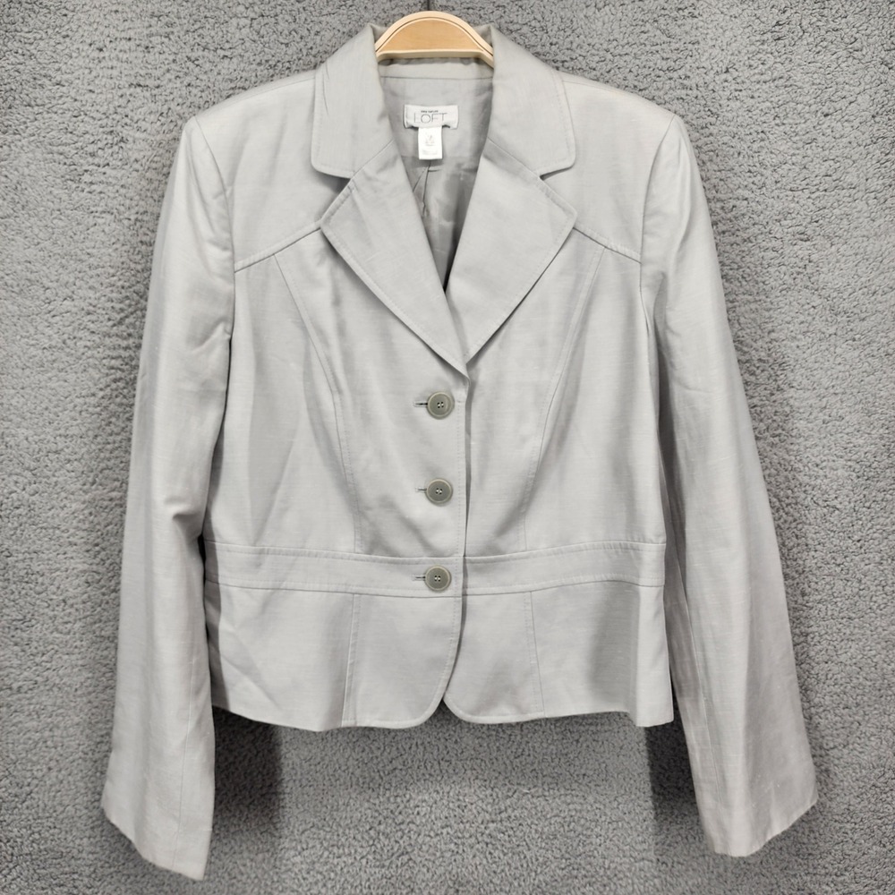 Ann Taylor LOFT Light Gray Silk Linen Blend 3-Button Blazer Jacket Size 12